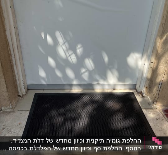 החלק התחתון של דלת כניסה לבנה ושטיח כניסה
